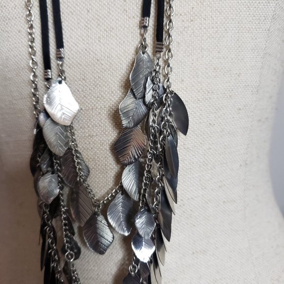 Leather & Chain Multi Strand Leaf Tassel Long Necklace 36" - Picture 3 of 6
